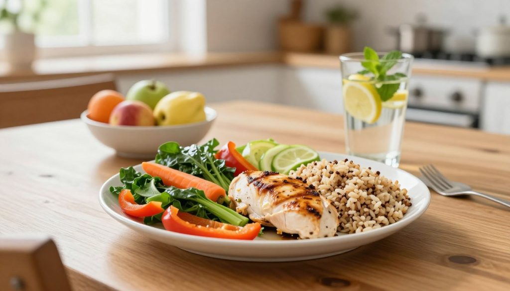 A beautifully arranged balanced plate on a wooden dining table, showcasing a healthy meal. In the foreground, the plate contains vibrant sections: half filled with colorful vegetables like leafy greens, carrots, and bell peppers; a quarter with lean protein such as grilled chicken breast or tofu; and a quarter with whole grains like brown rice or quinoa. Surrounding the plate are subtle garnishes, adding freshness. In the middle ground, a soft-focus bowl of fresh fruits complements the meal, and a glass of infused water with lemon and mint sits nearby. The background features a bright, airy kitchen with natural light streaming in through a window, creating a warm and inviting atmosphere. The overall mood conveys health and vitality, emphasizing the importance of balanced nutrition.