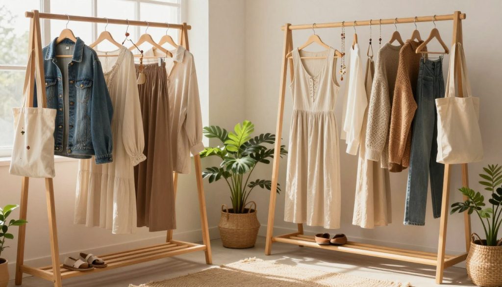 A beautifully arranged sustainable wardrobe, showcasing an array of eco-friendly clothing options made from organic materials. In the foreground, a wooden clothing rack displays a variety of stylish, modest outfits hanging neatly, such as a denim jacket, flowy dresses, and casual sweaters, complemented by accessories like handmade jewelry and a reusable tote bag. In the middle, a soft, natural fiber rug provides a warm touch, while potted plants add a sense of life and sustainability. The background features a window with gentle sunlight streaming in, casting a soft glow over the scene, emphasizing the warm and inviting atmosphere. The overall mood is tranquil and inspiring, inviting viewers to embrace a sustainable lifestyle. A beautifully arranged sustainable wardrobe, showcasing an array of eco-friendly clothing options made from organic materials. In the foreground, a wooden clothing rack displays a variety of stylish, modest outfits hanging neatly, such as a denim jacket, flowy dresses, and casual sweaters, complemented by accessories like handmade jewelry and a reusable tote bag. In the middle, a soft, natural fiber rug provides a warm touch, while potted plants add a sense of life and sustainability. The background features a window with gentle sunlight streaming in, casting a soft glow over the scene, emphasizing the warm and inviting atmosphere. The overall mood is tranquil and inspiring, inviting viewers to embrace a sustainable lifestyle.