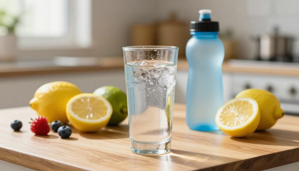 A refreshing scene centered around a glass of cool water, tactfully placed on a wooden table in the foreground. The glass is filled to the brim, with droplets of condensation glistening in the light. In the middle ground, a variety of colorful fruits, such as lemons, limes, and berries, are elegantly arranged, emphasizing the importance of natural hydration. A light blue sports water bottle sits beside the glass, hinting at an active lifestyle. The background features a soft-focus kitchen setting, bathed in warm, natural sunlight streaming through a window, creating an inviting atmosphere. The overall mood is fresh and energizing, encouraging viewers to prioritize their hydration strategy visually. The composition is well-lit with a shallow depth of field, emphasizing the glass and fruits.
