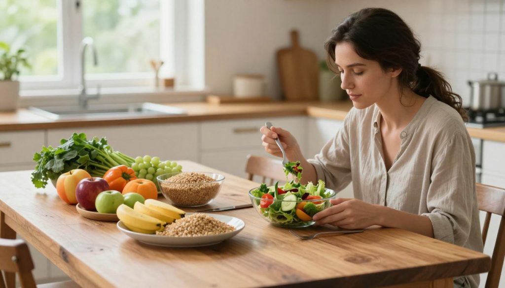 A serene dining table set in a bright, airy kitchen, showcasing a colorful and nutritious meal. In the foreground, a woman in modest casual attire is thoughtfully savoring a fresh salad, her expression reflecting mindfulness and appreciation for her food. The middle ground features a variety of vibrant, whole foods—ripe fruits, leafy greens, and whole grains—arranged aesthetically on a rustic wooden table. In the background, soft natural light filters through a window, enhancing the inviting atmosphere. The ambiance is calm and encouraging, with greenery visible outside the window to emphasize a connection with nature. The overall mood is one of tranquility and intentionality, celebrating the act of mindful eating and sustainable nutrition.