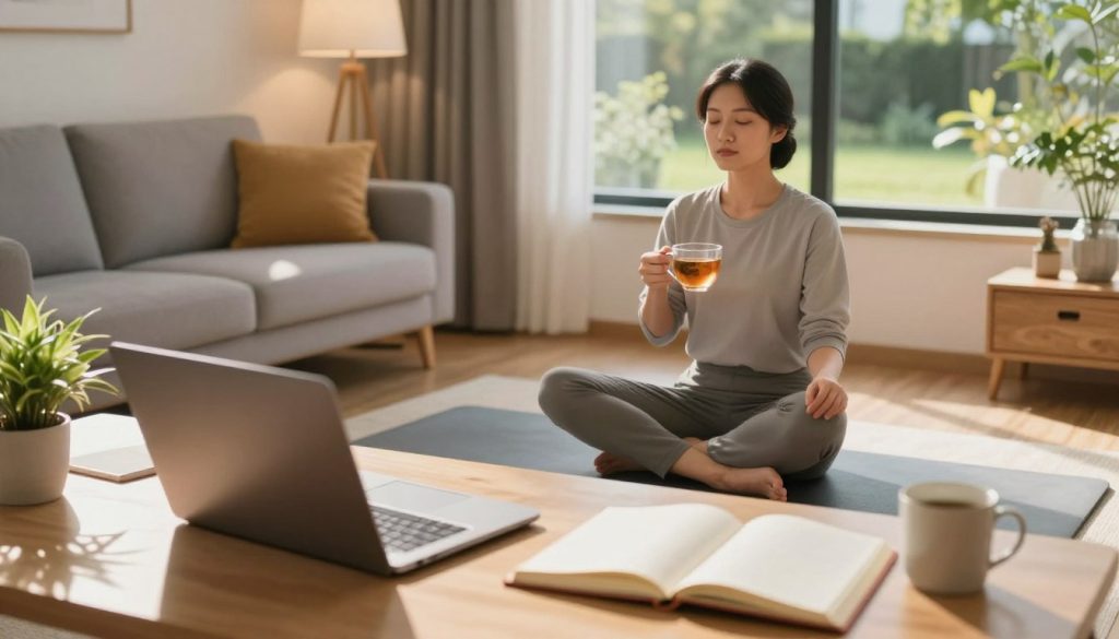 A serene workspace blending elements of productivity and relaxation, featuring a well-organized desk with a laptop, open planner, and a potted plant in the foreground. In the middle, a calm person in professional attire practicing mindfulness with closed eyes, seated cross-legged on a yoga mat, holding a cup of herbal tea. The background showcases a cozy living area with soft lighting, warm colors, and a window revealing a peaceful garden. Gentle sunlight streams in, creating a warm glow and casting soft shadows, evoking a sense of balance and tranquility. The atmosphere is inviting, promoting a blend of work and personal well-being, emphasizing the importance of daily tips for a healthier lifestyle.