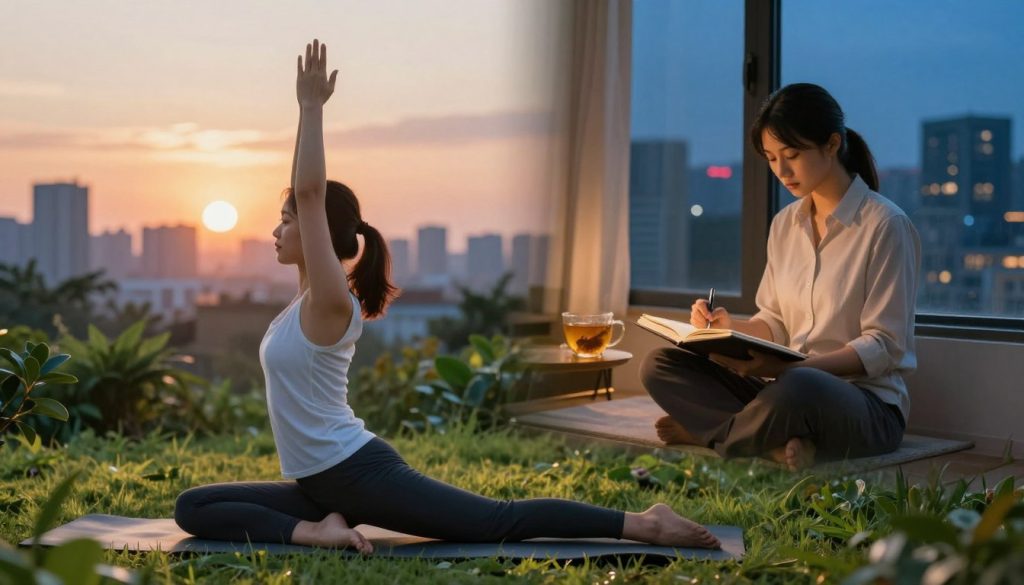 A split-scene illustrating healthy morning and night routines, symbolizing consistency and challenge overcoming. In the foreground, a sunrise scene reveals a person in professional, modest clothing practicing yoga on a mat, surrounded by lush greenery and soft morning light. This represents a calm, invigorating start to the day. In the middle ground, a cozy night scene features the same individual journaling by a warm, soft-lit window, with a cup of herbal tea nearby, symbolizing reflection and tranquility. The background blends a city skyline at dusk, transitioning from the vibrant colors of dawn to the serene blues of night. The overall mood is peaceful yet motivational, conveying balance and dedication in daily life. A split-scene illustrating healthy morning and night routines, symbolizing consistency and challenge overcoming. In the foreground, a sunrise scene reveals a person in professional, modest clothing practicing yoga on a mat, surrounded by lush greenery and soft morning light. This represents a calm, invigorating start to the day. In the middle ground, a cozy night scene features the same individual journaling by a warm, soft-lit window, with a cup of herbal tea nearby, symbolizing reflection and tranquility. The background blends a city skyline at dusk, transitioning from the vibrant colors of dawn to the serene blues of night. The overall mood is peaceful yet motivational, conveying balance and dedication in daily life.