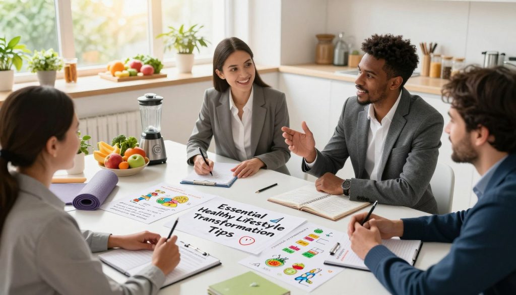 A vibrant and inspiring workspace illustrating "Essential Healthy Lifestyle Transformation Tips." In the foreground, a diverse group of three individuals—two women and one man—dressed in professional business attire, engaged in a dynamic brainstorming session. They are surrounded by notepads filled with handwritten tips and colorful charts showcasing healthy meals, exercise routines, and wellness goals. In the middle ground, a bright, inviting kitchen features fresh fruits and vegetables, a blender, and a yoga mat, emphasizing the importance of nutrition and fitness. The background reveals a sunlit window with greenery outside, casting warm, natural light that creates a cheerful, motivating atmosphere. The overall mood is uplifting and energizing, encouraging viewers to embark on their healthy lifestyle journey.