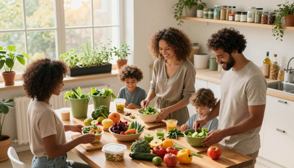 A vibrant kitchen scene, filled with fresh fruits and vegetables, representing sustainable lifestyle choices. In the foreground, a diverse group of individuals (a man, woman, and child) happily preparing a healthy meal together, dressed in modest casual clothing. In the middle, a wooden dining table is adorned with organic produce, compost bins, and reusable containers, emphasizing eco-friendly habits. The background features large windows filtering in soft, warm sunlight, illuminating a small indoor herb garden and shelves lined with sustainable products. The overall atmosphere is cheerful and inviting, evoking a sense of community and environmental consciousness. Capture this image from a slightly elevated angle to provide a comprehensive view, creating a harmonious and inspiring ambiance. A vibrant kitchen scene, filled with fresh fruits and vegetables, representing sustainable lifestyle choices. In the foreground, a diverse group of individuals (a man, woman, and child) happily preparing a healthy meal together, dressed in modest casual clothing. In the middle, a wooden dining table is adorned with organic produce, compost bins, and reusable containers, emphasizing eco-friendly habits. The background features large windows filtering in soft, warm sunlight, illuminating a small indoor herb garden and shelves lined with sustainable products. The overall atmosphere is cheerful and inviting, evoking a sense of community and environmental consciousness. Capture this image from a slightly elevated angle to provide a comprehensive view, creating a harmonious and inspiring ambiance.