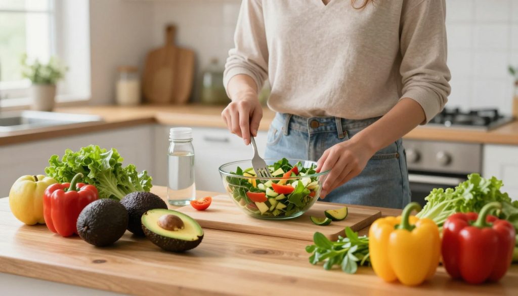 A vibrant kitchen setting focusing on healthy eating habits. In the foreground, a wooden table displays a colorful array of fresh fruits and vegetables, such as ripe avocados, bright bell peppers, and leafy greens, arranged artfully. In the middle, a person dressed in a modest casual outfit, carefully preparing a healthy salad, showcasing mindfulness in their cooking. The background features a well-organized kitchen with soft, natural lighting coming through a window, illuminating the space and creating a warm, inviting atmosphere. The overall mood conveys a sense of wellness and vitality, emphasizing a commitment to nutritious eating and hydration practices. The scene is captured at a slight angle for depth, enhancing the visual interest and engagement. A vibrant kitchen setting focusing on healthy eating habits. In the foreground, a wooden table displays a colorful array of fresh fruits and vegetables, such as ripe avocados, bright bell peppers, and leafy greens, arranged artfully. In the middle, a person dressed in a modest casual outfit, carefully preparing a healthy salad, showcasing mindfulness in their cooking. The background features a well-organized kitchen with soft, natural lighting coming through a window, illuminating the space and creating a warm, inviting atmosphere. The overall mood conveys a sense of wellness and vitality, emphasizing a commitment to nutritious eating and hydration practices. The scene is captured at a slight angle for depth, enhancing the visual interest and engagement.