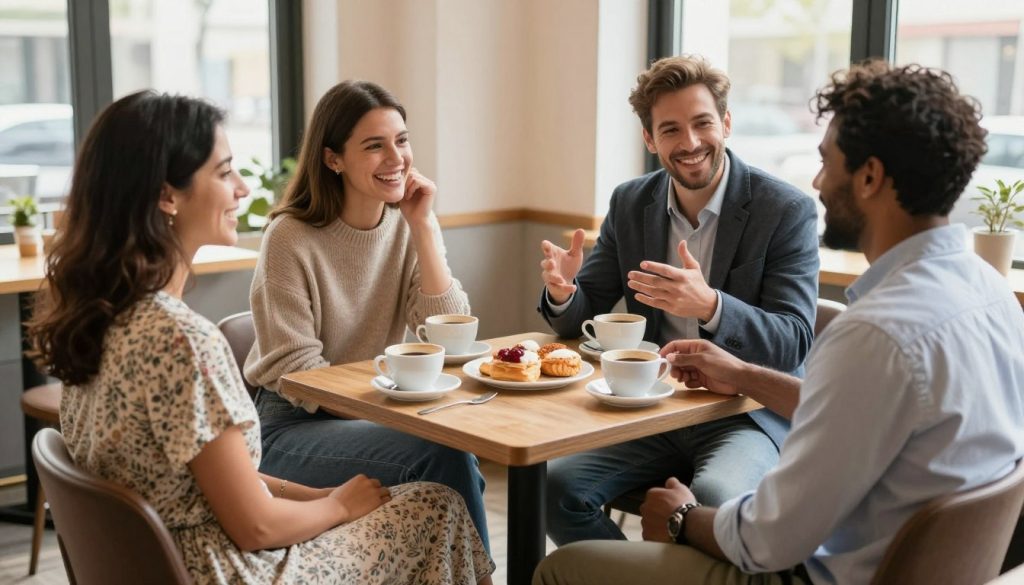 A warm and inviting scene depicting a diverse group of four adults sitting together in a cozy café, engaged in lively conversation and laughter. In the foreground, a woman in a modest floral dress and a man in a smart casual shirt exchange smiles, while another woman in a comfortable sweater and a man in a blazer share an animated discussion. The middle ground showcases a table filled with coffee cups and pastries, reinforcing the sense of connection. The background features soft, natural lighting that enhances the cozy atmosphere, with large windows allowing sunlight to stream in. The angle is slightly elevated to capture their interactions, creating an uplifting and supportive ambiance that embodies the essence of social connections, fostering an overall mood of positivity and inclusivity.